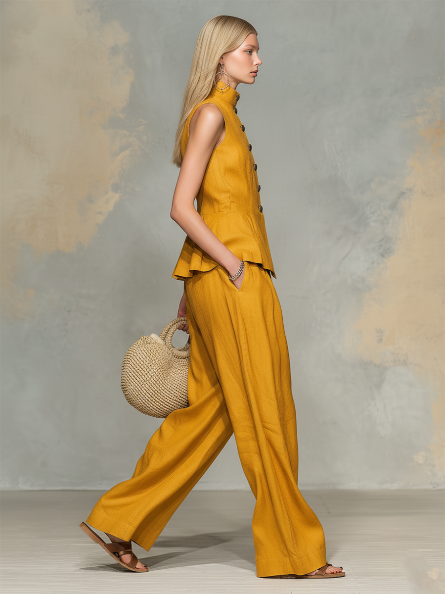 Retro Casual Stand-collar Sleeveless Button-up Top And Trousers Set.