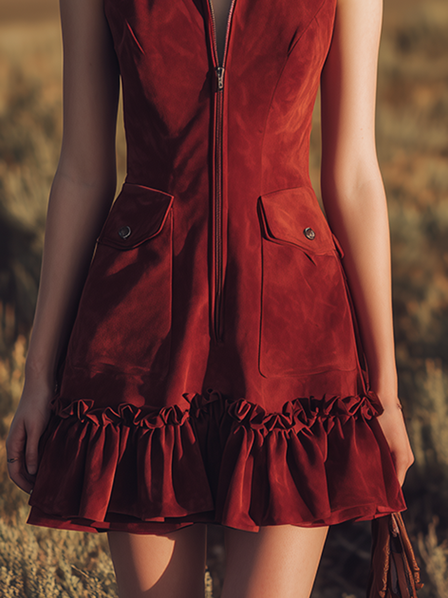 Retro-style Collared Sleeveless Ruffled Zipper Faux Suede Mini Dress