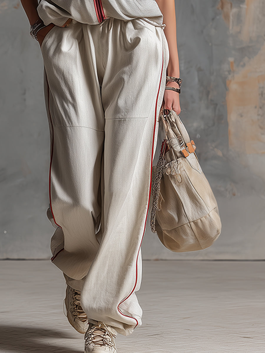 Stylish Sporty Off-white Hooded Sleeveless Top And Wide-leg Pants Set