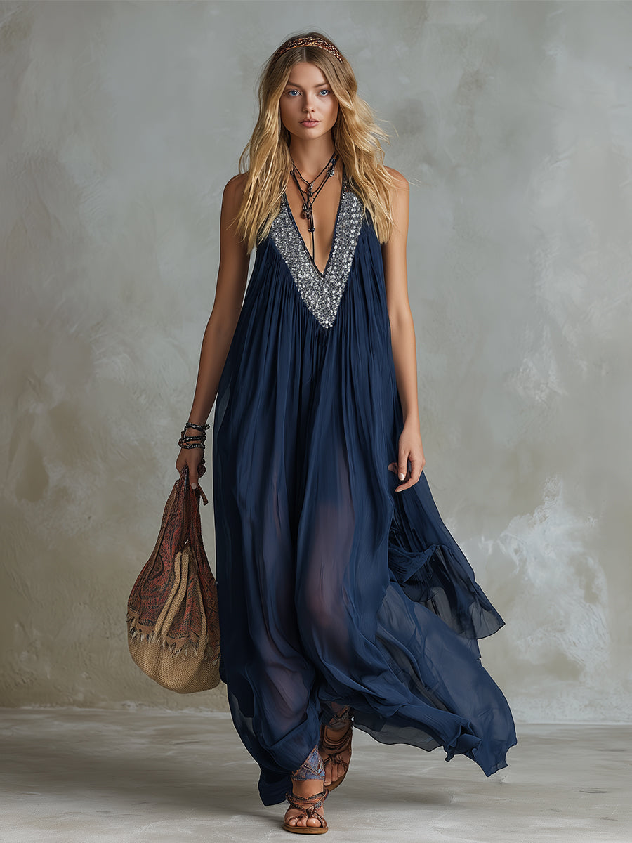 Classic Silhouette Sequin-Embellished Neckline Navy Chiffon Sleeveless Maxi Dress