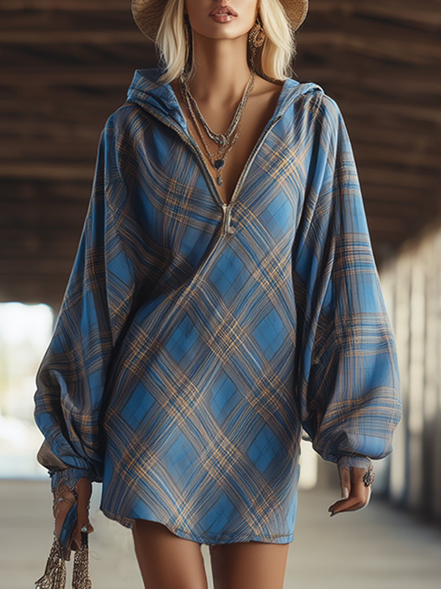 Trendy Urban Sporty Blue Plaid Half-zip Hooded Sweatshirt Mini Dress