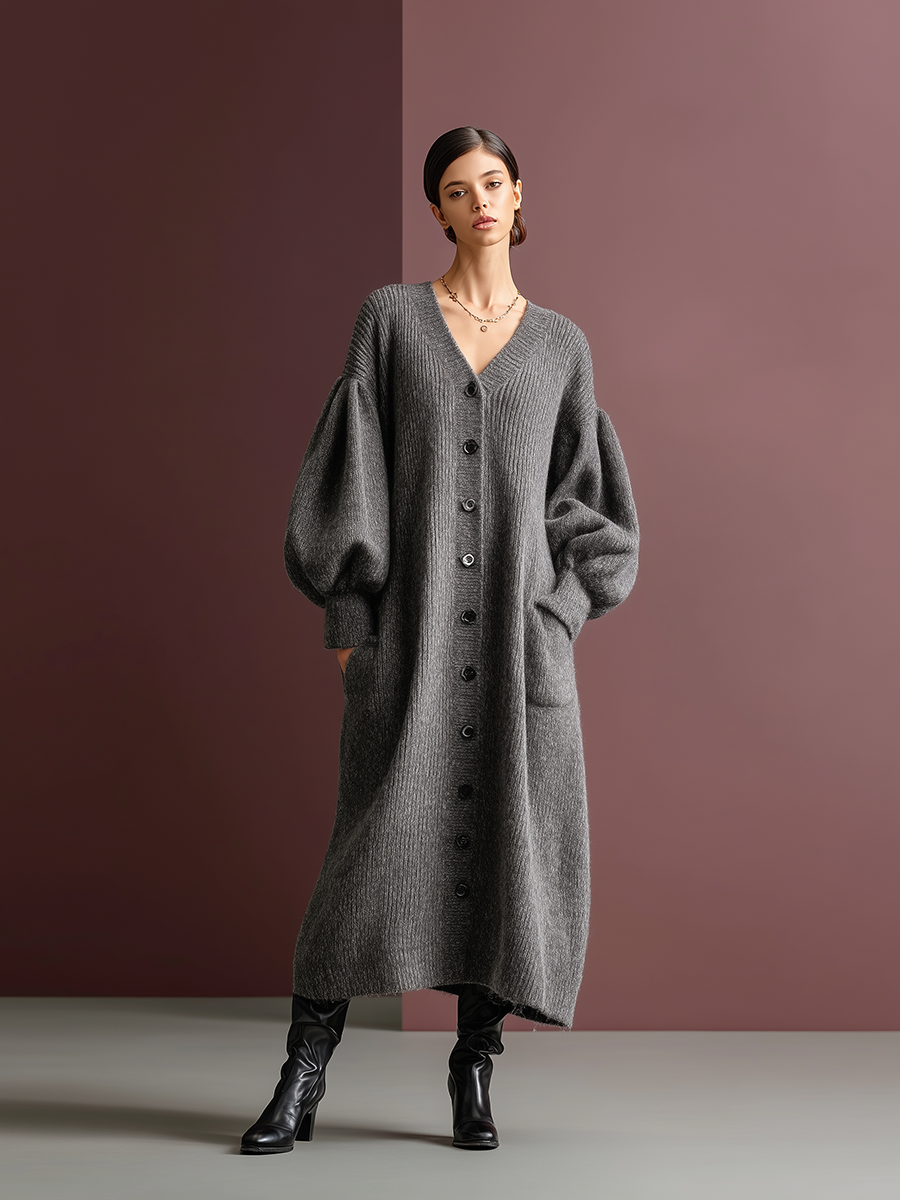 Simple Loose-fitting V-neck Gray Knitted Long Cardigan