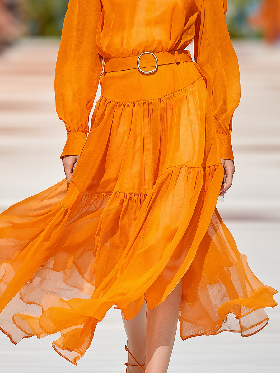 Fashionable And Casual Orange Chiffon Long-sleeved Maxi Dress