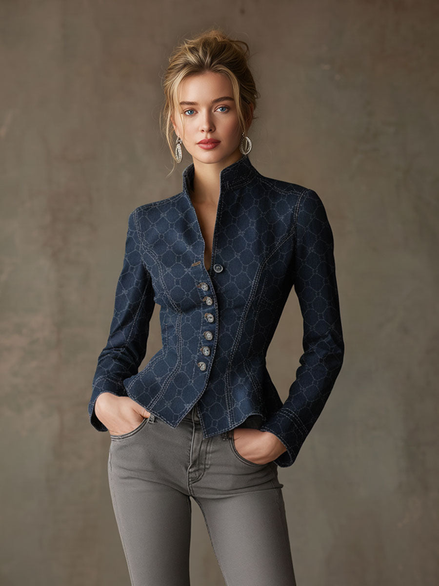 Fashionable Retro Geometric Print Navy Denim Jacket