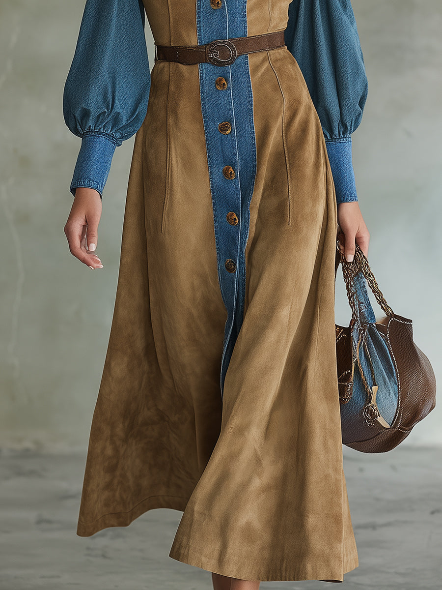 Retro Casual Denim Collar Khaki Faux Suede Maxi Dress