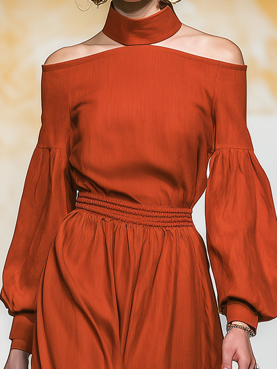 Western-style Rust-red Linen Off-the-shoulder With A Collared Neckline Maxi Dress