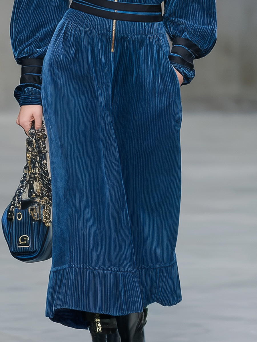 Blue Corduroy Dress With Black Webbing Zip Pockets Midi Dress