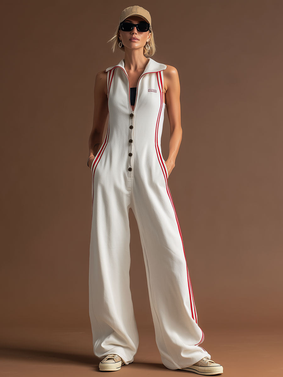Sporty Retro Red Ribbon White Cotton Sleeveless Jumpsuit