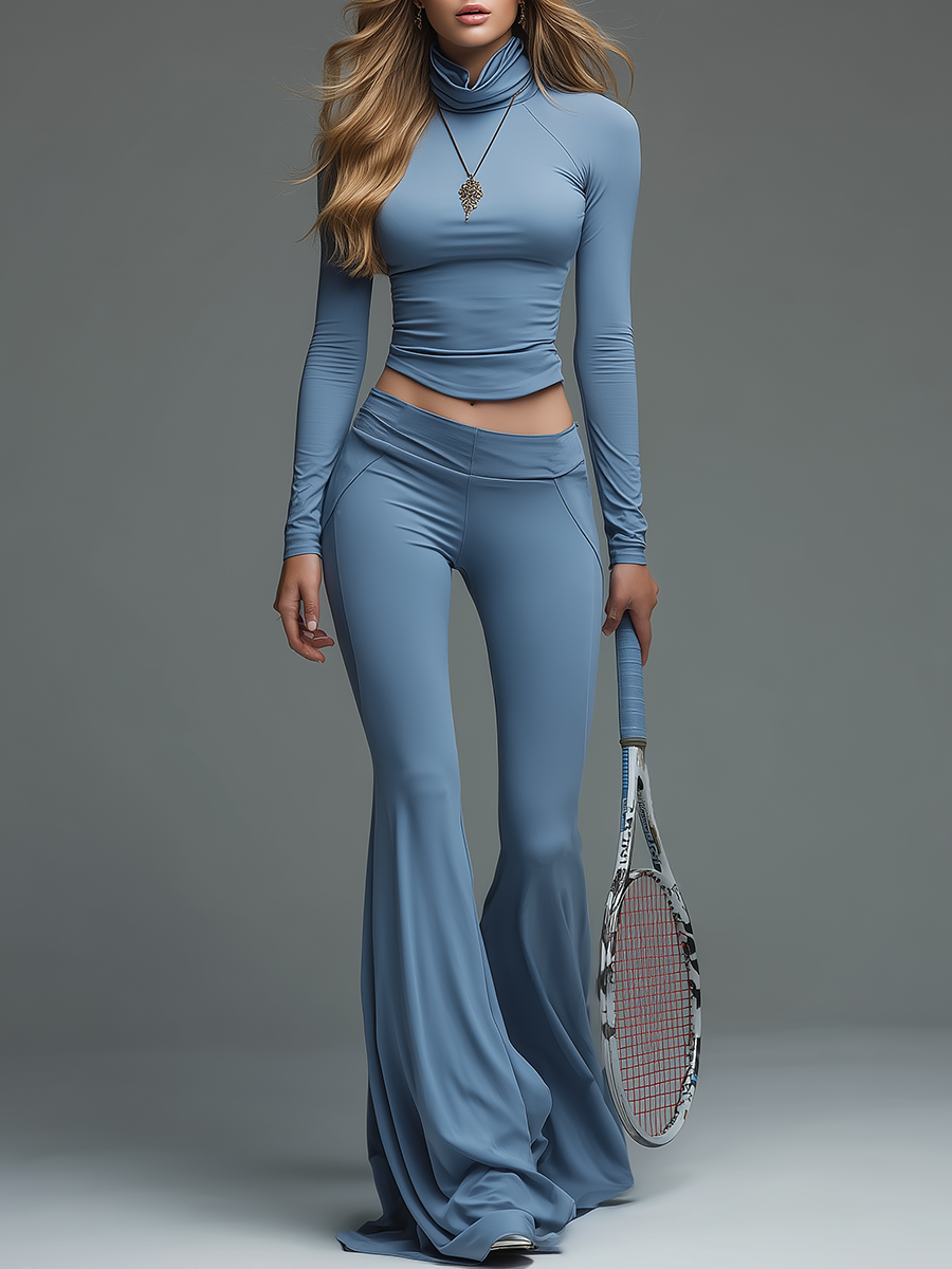 Sexy And Elegant Solid-color Turtleneck Top And Flared Pants Set