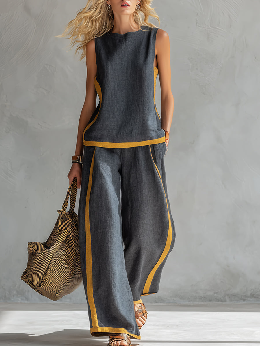 Elegant And Casual Two-tone Trim Gray Cotton And Linen Vest And Pants Set