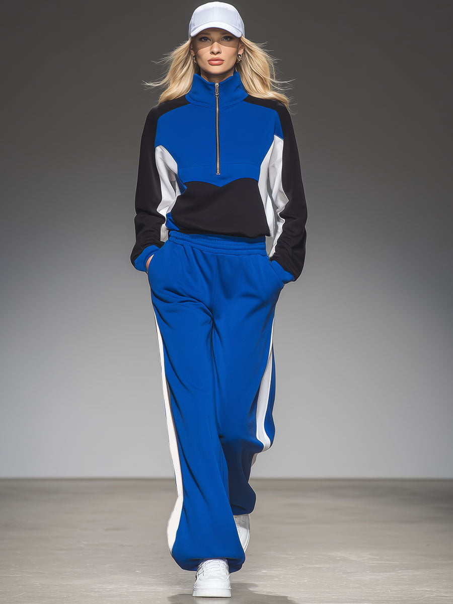 Color-blocked Half-open Collar Sweatshirt And Casual Pants Set