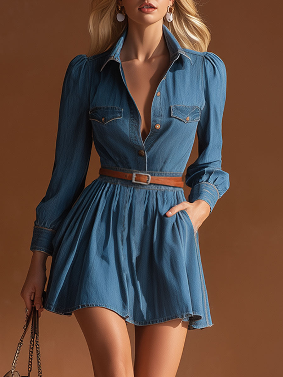 Fashionable Retro Long-sleeved Collared Blue Denim Mini Dress