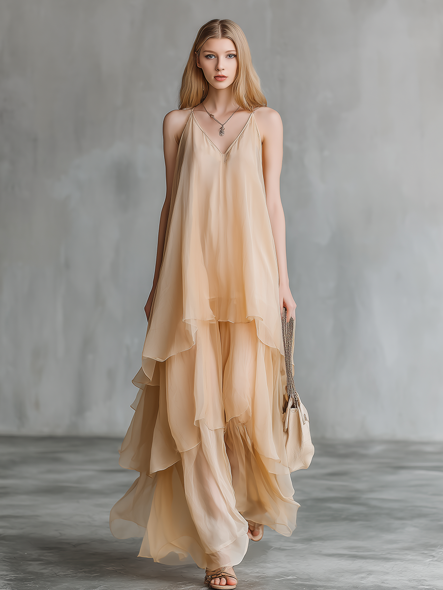 Stylish And Elegant Sleeveless V-neck Layered Chiffon Maxi Dress