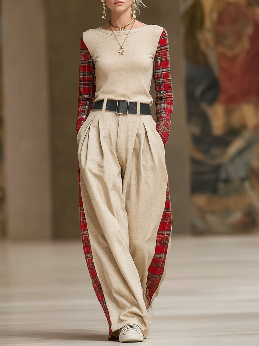 Red Checkered Patchwork Crew Neck Long-sleeved T-shirt And Loose Wide-leg Pants Set