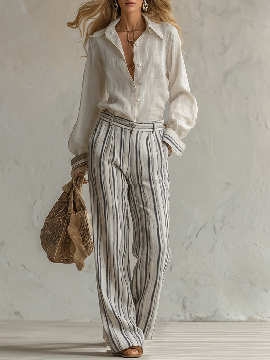Elegant And Casual Cotton And Linen Off-white Shirt And Striped Wide-leg Pants Set
