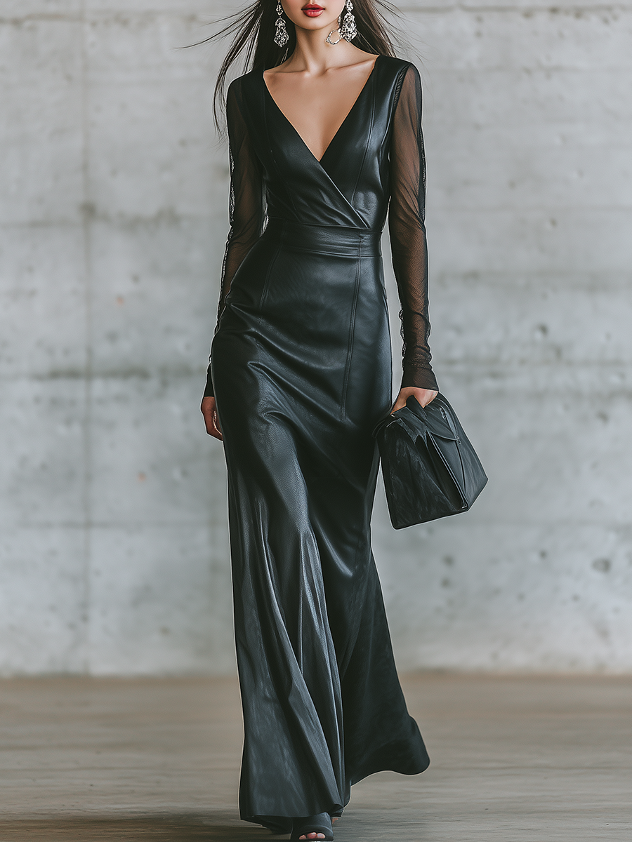 Elegant Edgy Urban V-neck Faux Leather Maxi Dress