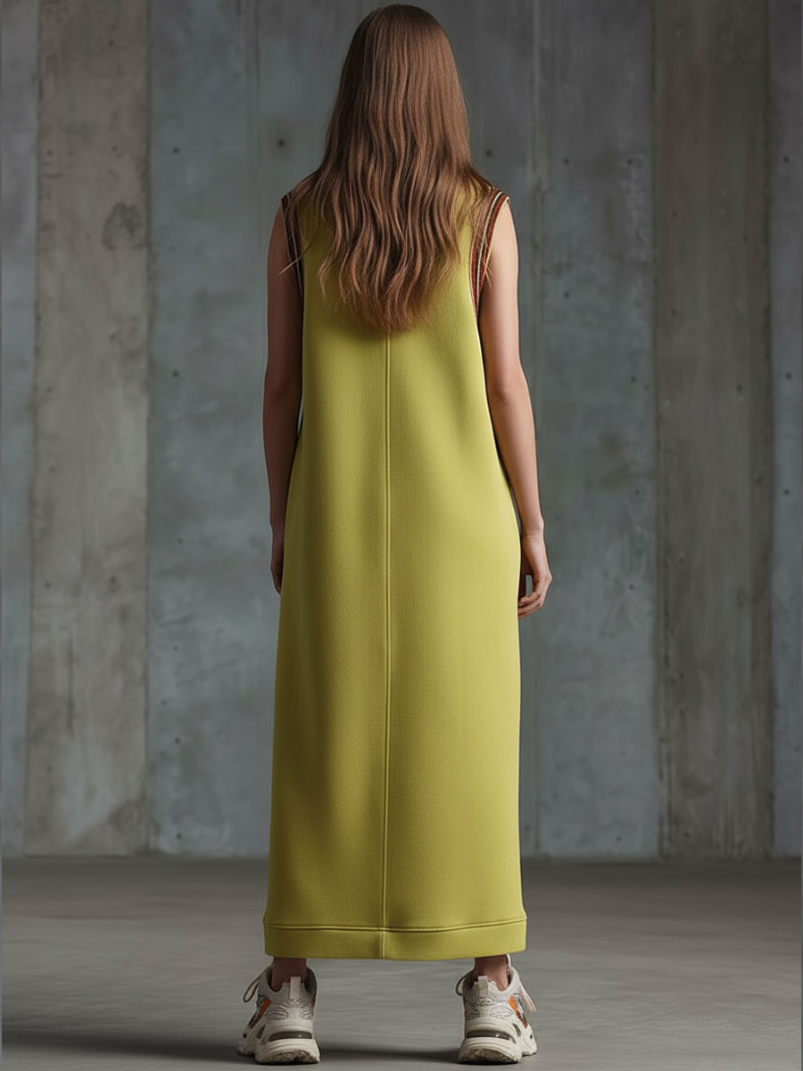 Sporty Retro-style Woven Yellow-green Slit Sleeveless Maxi Dress