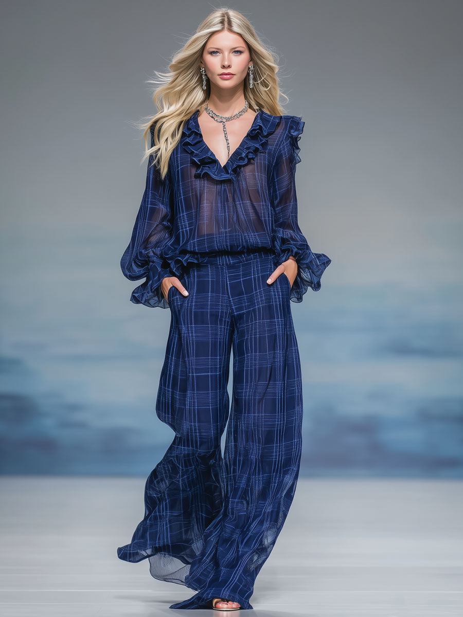 Plaid Print V-neck Ruffled Long-sleeved Top And Wide-leg Pants Set