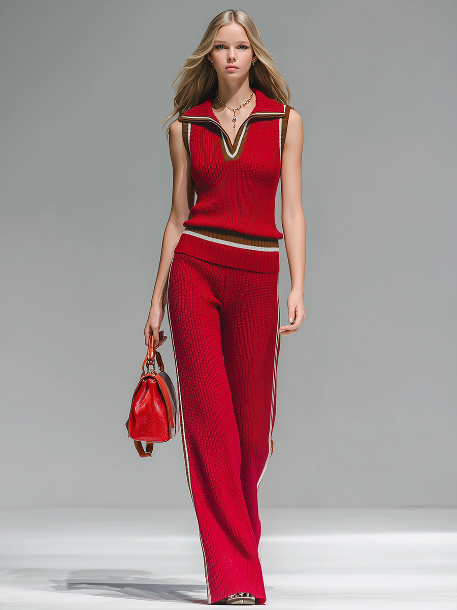 Stylish Sporty Collared Sleeveless Top And Loose-fitting Trousers Set