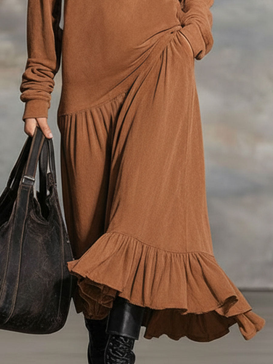 Collared Zipper Ruffle Cotton Long-sleeved Midi Dress