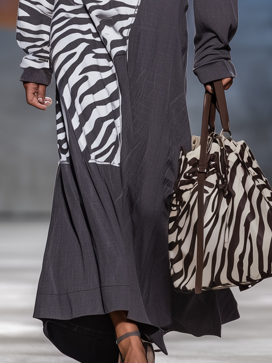 Stylish Grey Patchwork Zebra Print Hooded Maxi Dress