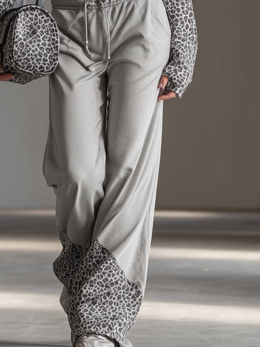 Trendy Casual Sporty Leopard Print Patchwork Gray Sweatshirt And Wide-Leg Pants Set