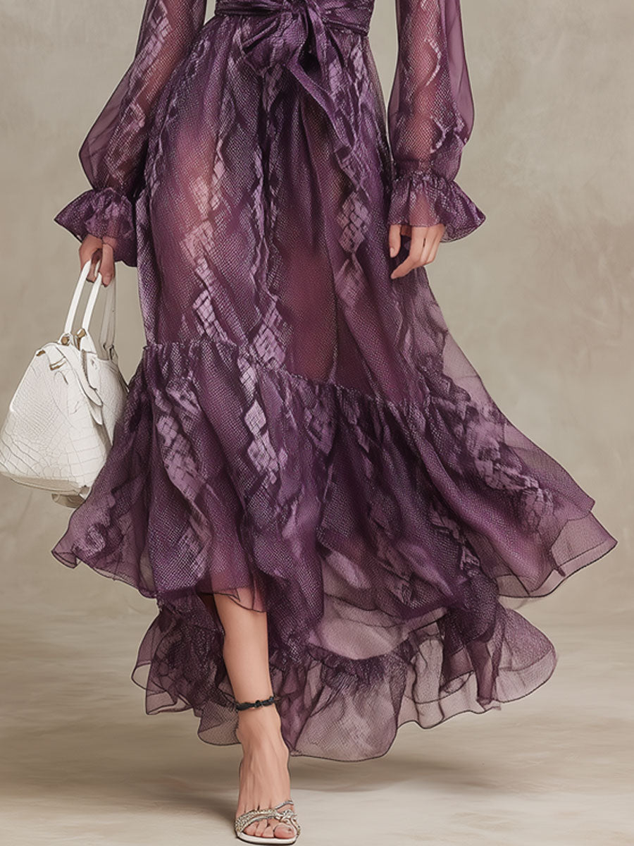 Western Retro Long-Sleeved Snake Print Purple Chiffon Ruffle Maxi Dress
