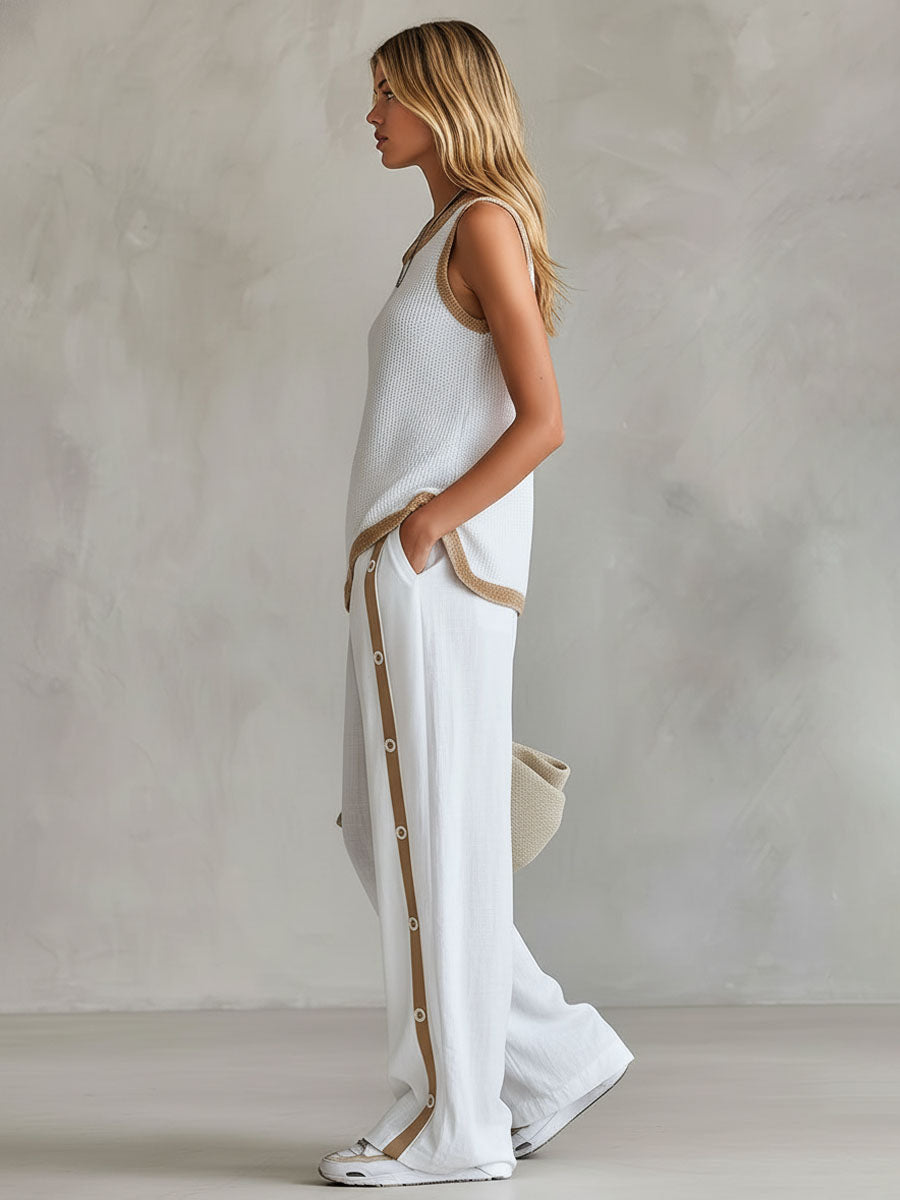 Loose-fitting Color-blocked Crew Neck Knit Top And Cotton-linen Pants Set