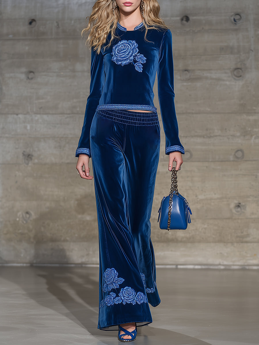 Classic Blue Round Neck Rose Embroidered Top And Flared Pants Set