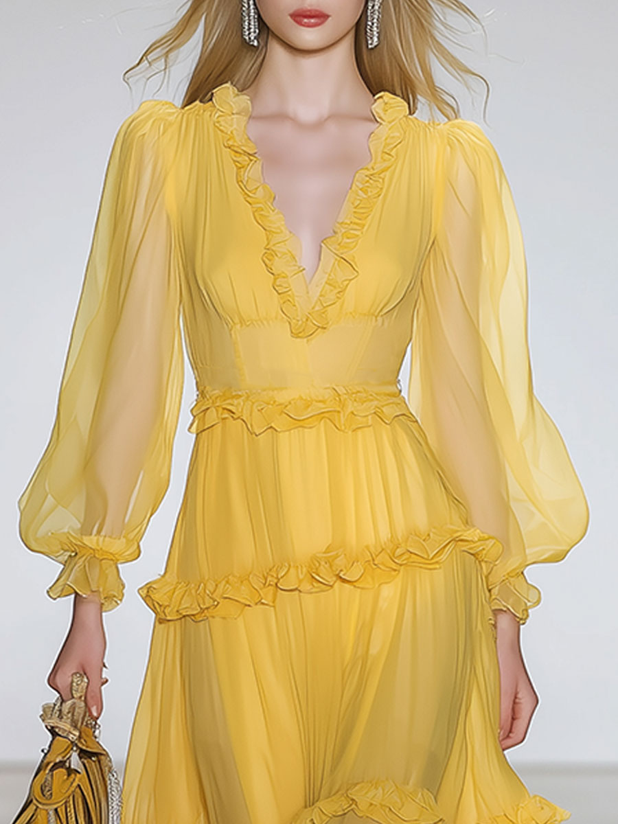 Stylish And Elegant Yellow V-neck Chiffon Midi Dress