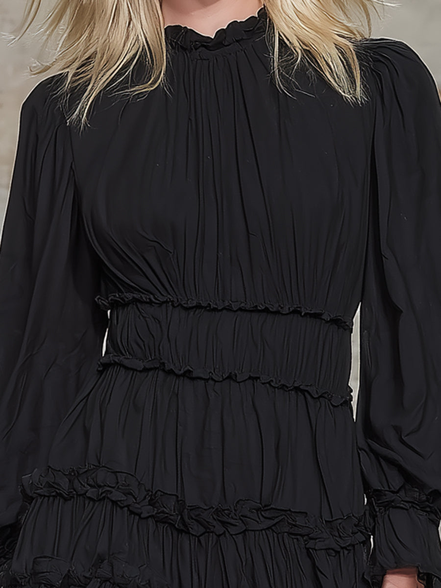 Elegant Black Round-neck With Ruffled Trim Mini Dress