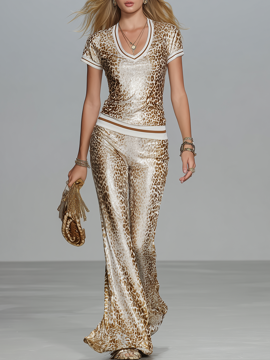 Stylish Retro Leopard Print Short Sleeve T-shirt And Flared Trousers Set