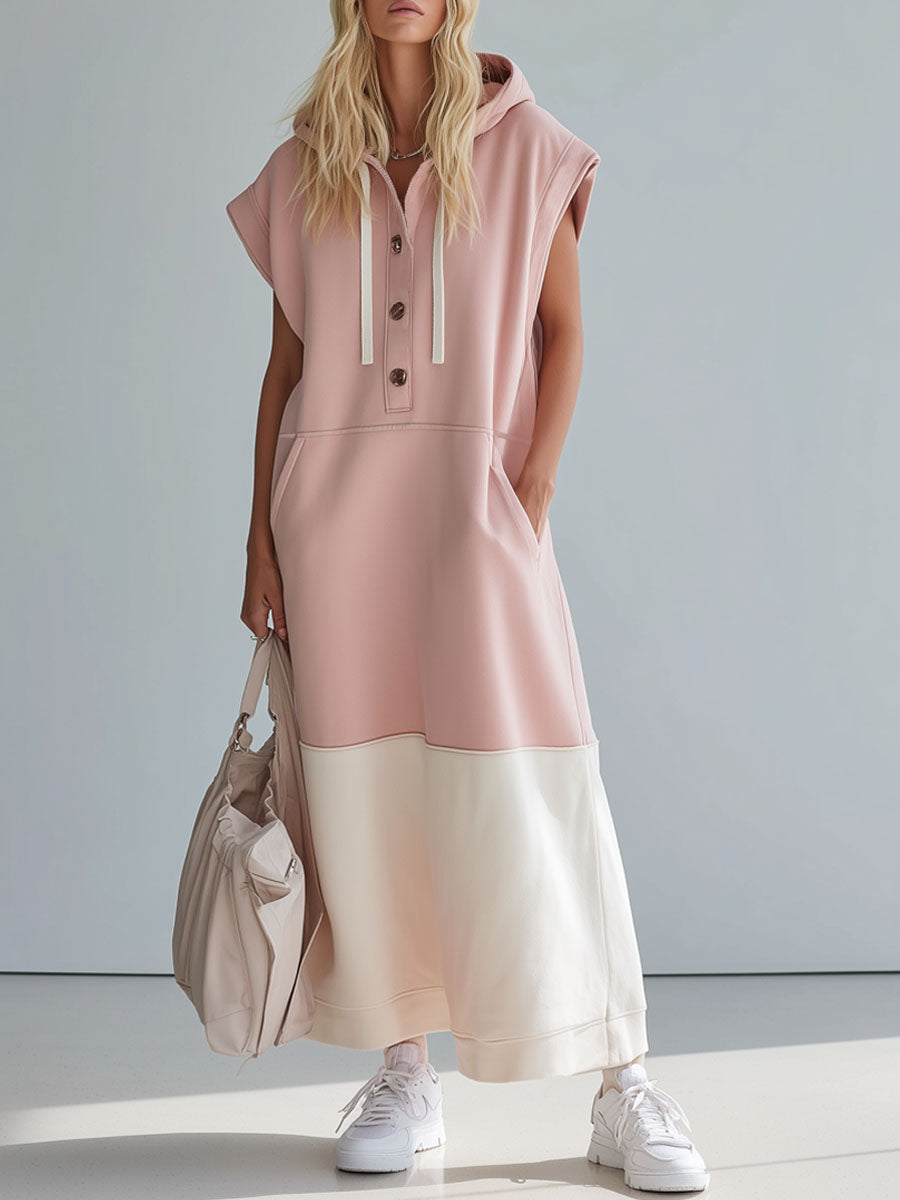 Hooded Color-block Double-pocket Sleeveless Maxi Dress