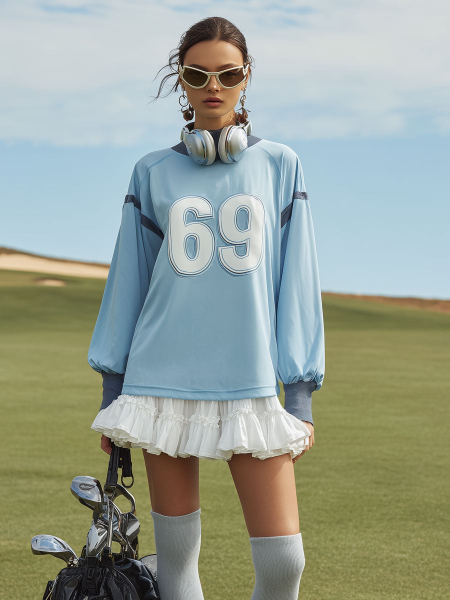 Fashionable Sporty Letter Long-Sleeve Blue T-Shirt And Ruffled Skirt Set