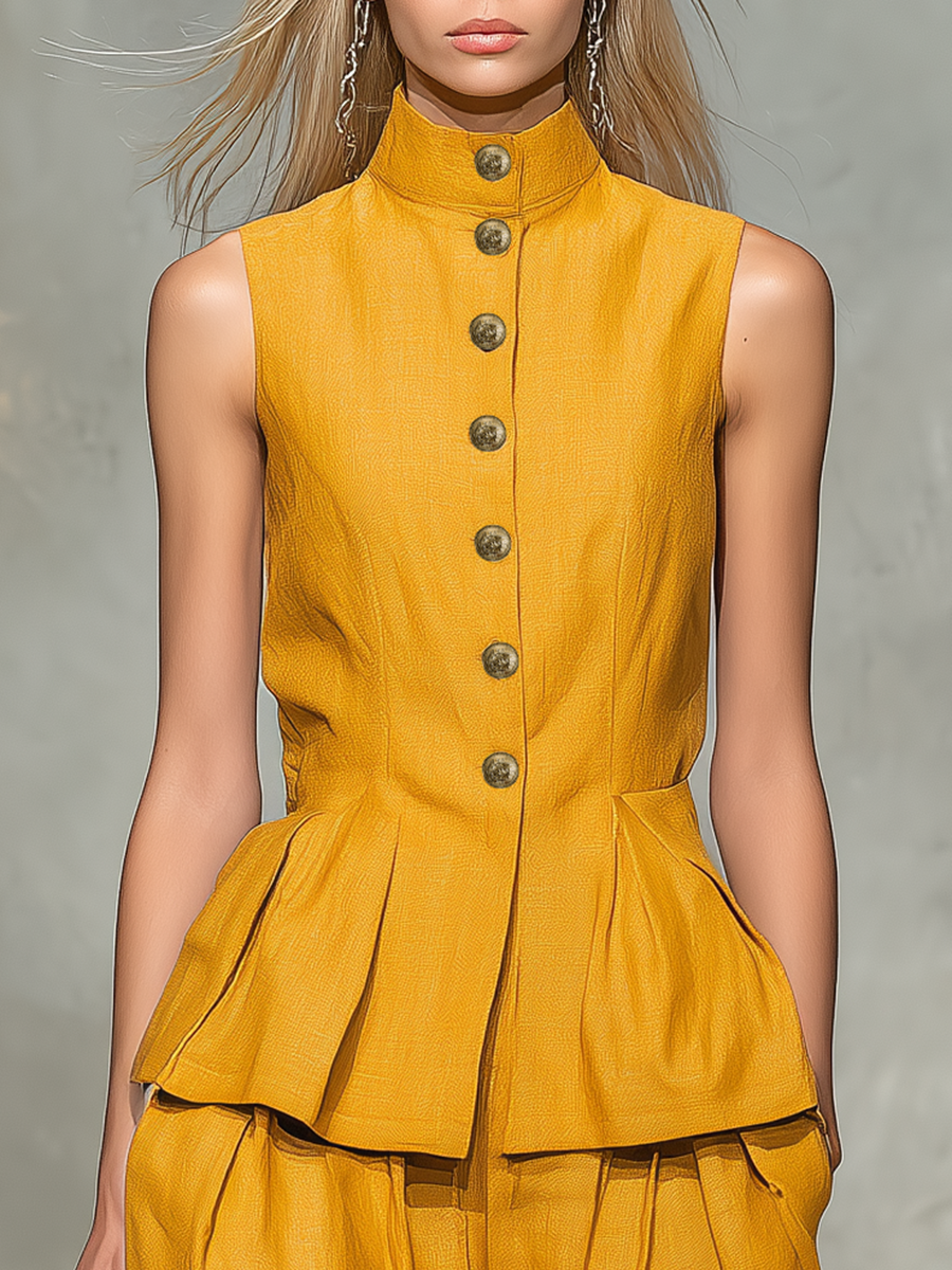 Retro Casual Stand-collar Sleeveless Button-up Top And Trousers Set.