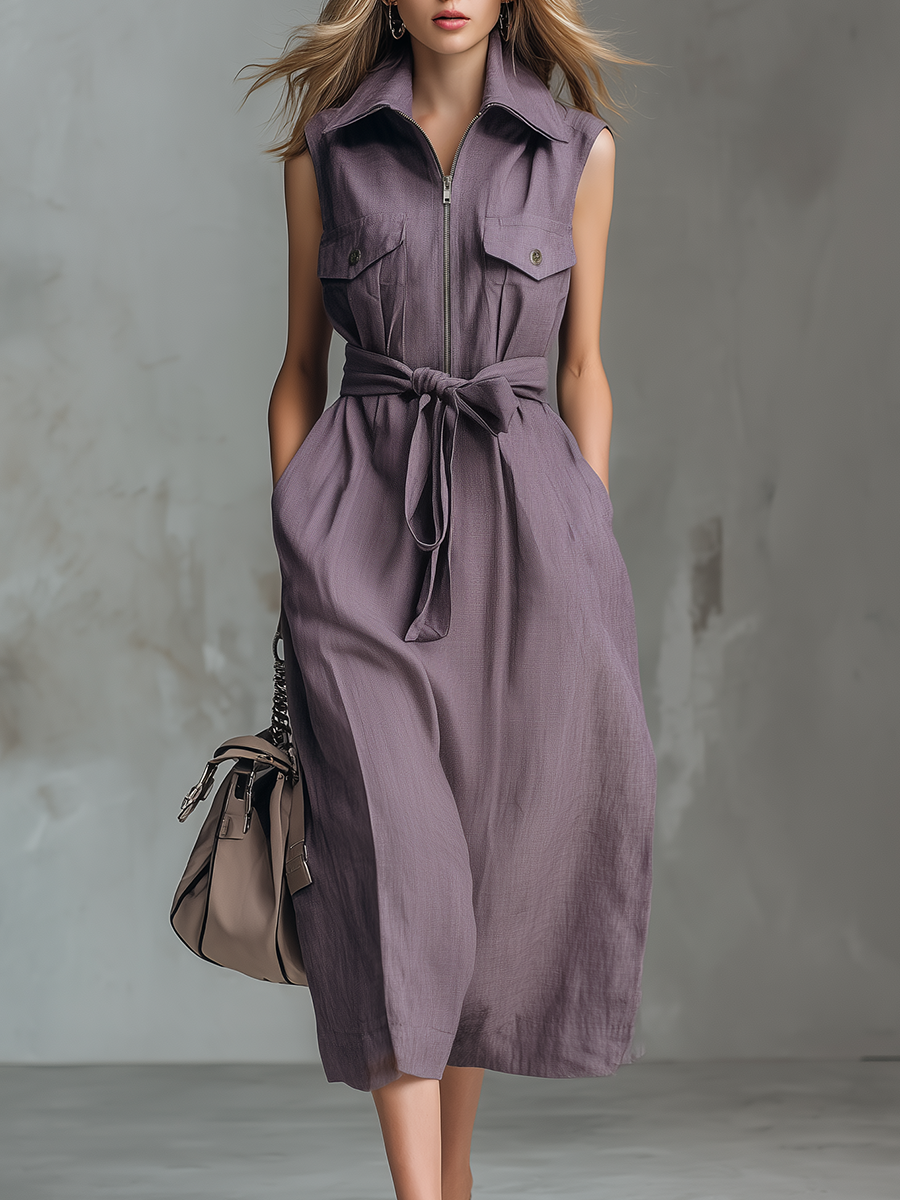 Elegant And Casual Lapel Zipper Sleeveless Belt Midi Dress