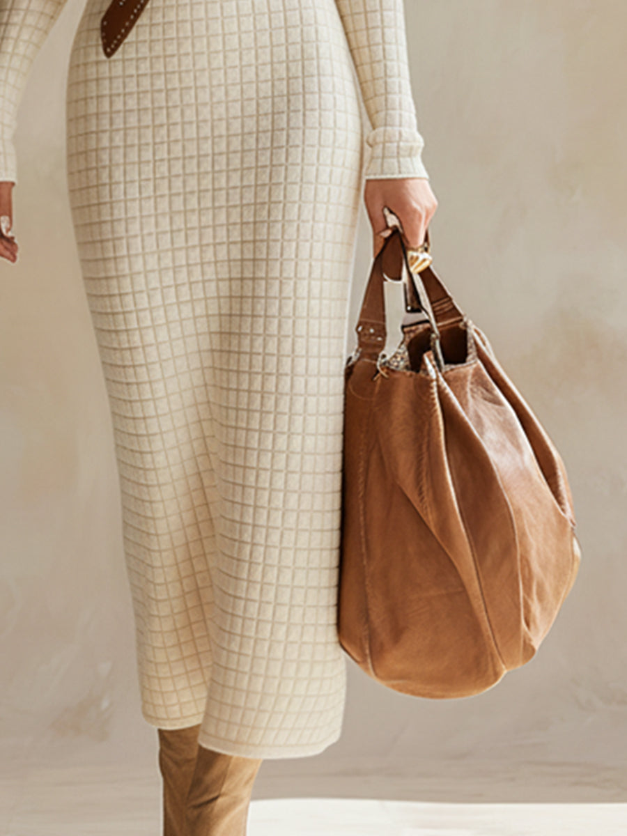 Exquisite And Classic Off-white Checkered Knit Maxi Dress