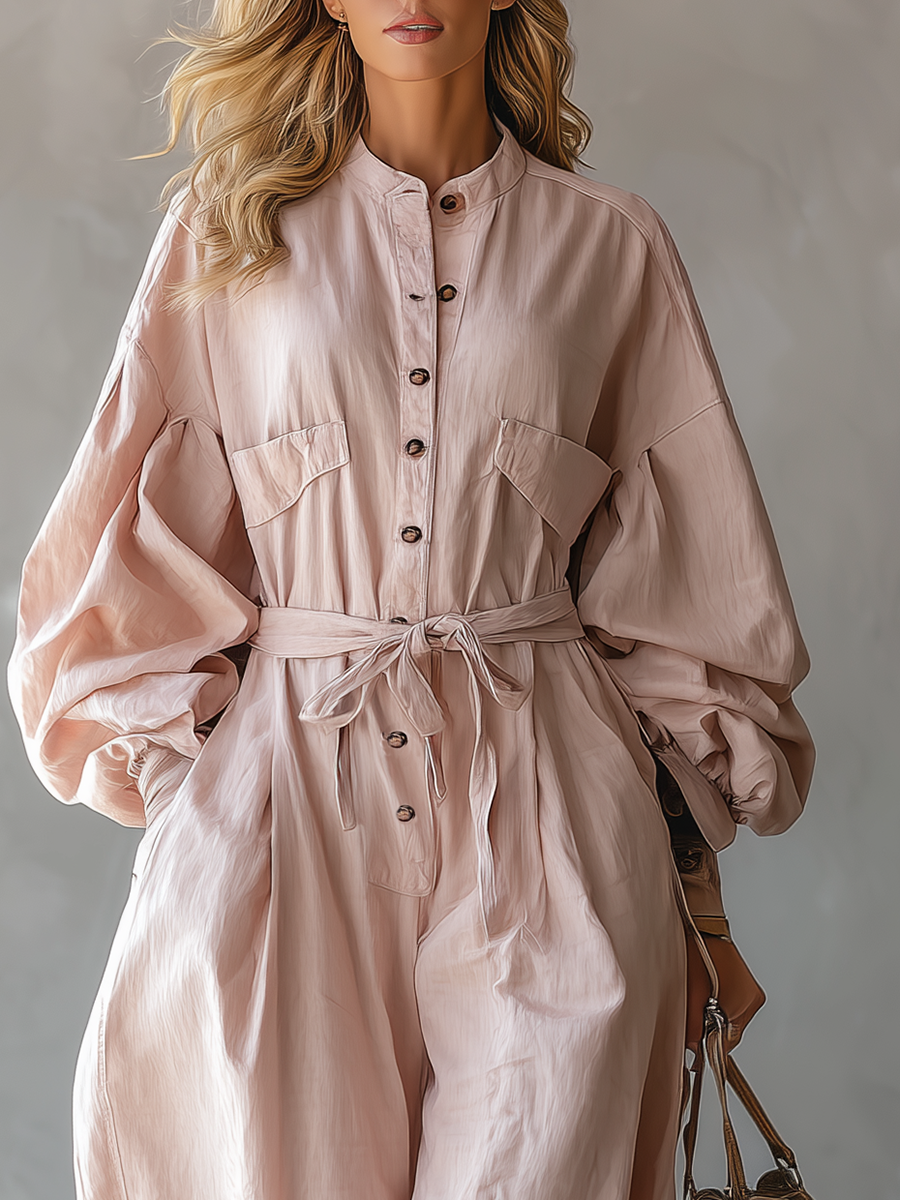 Casual And Stylish Round-neck Tulip-shaped Light Pink Jumpsuit