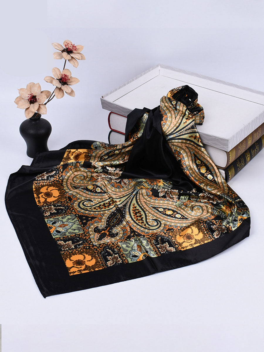 Vintage Bohemian Paisley Print Satin Square Scarf