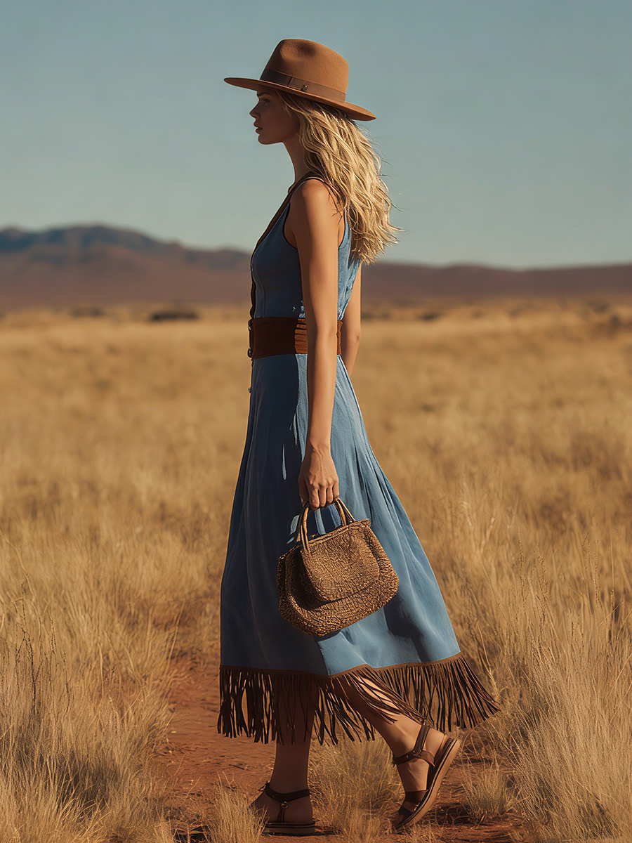 Western Bohemian Style V-neck Button-down Sleeveless Fringed Suede Maxi Dress