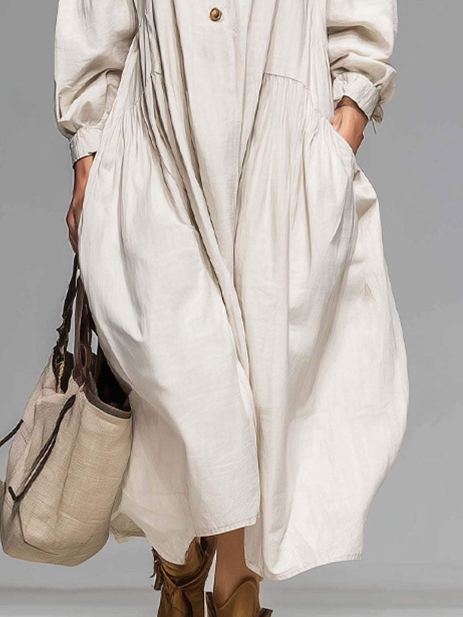 Loose Round-neck Button-front Double-pocket Cotton Long-sleeved Midi Dress