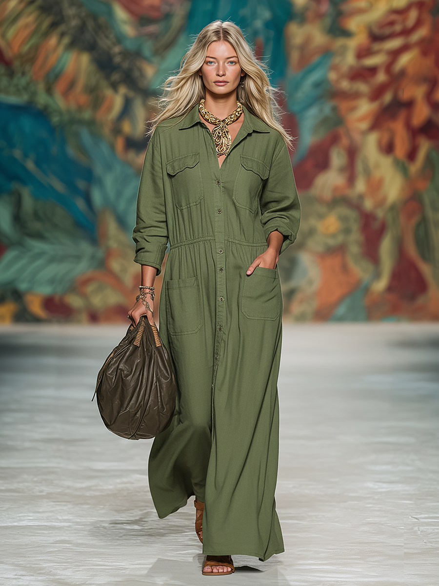 Retro Casual Loose Solid Color Multi-pocket Maxi Dress