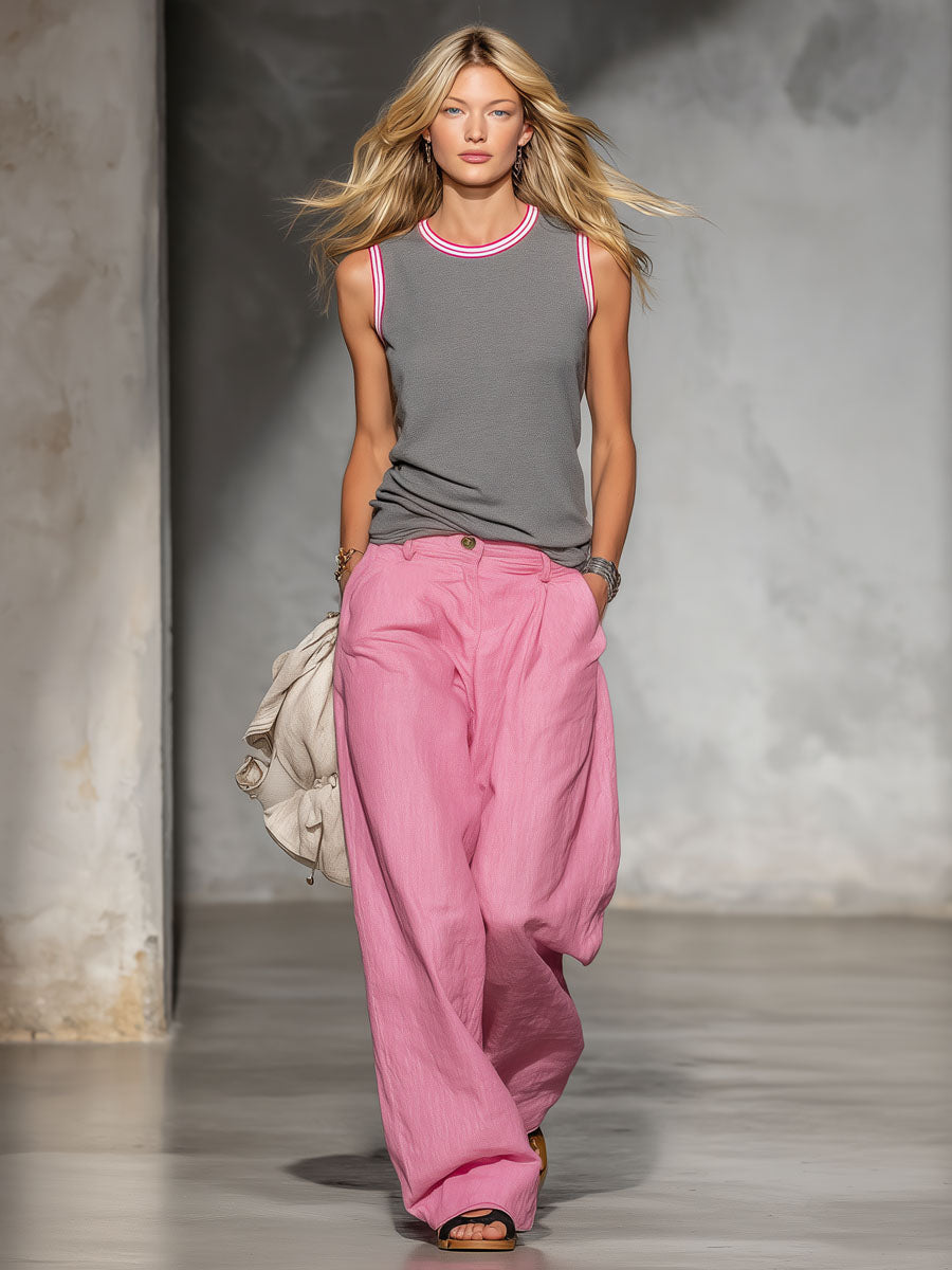 Round-neck Sleeveless Top And Cotton And Linen Wide-leg Pants Set