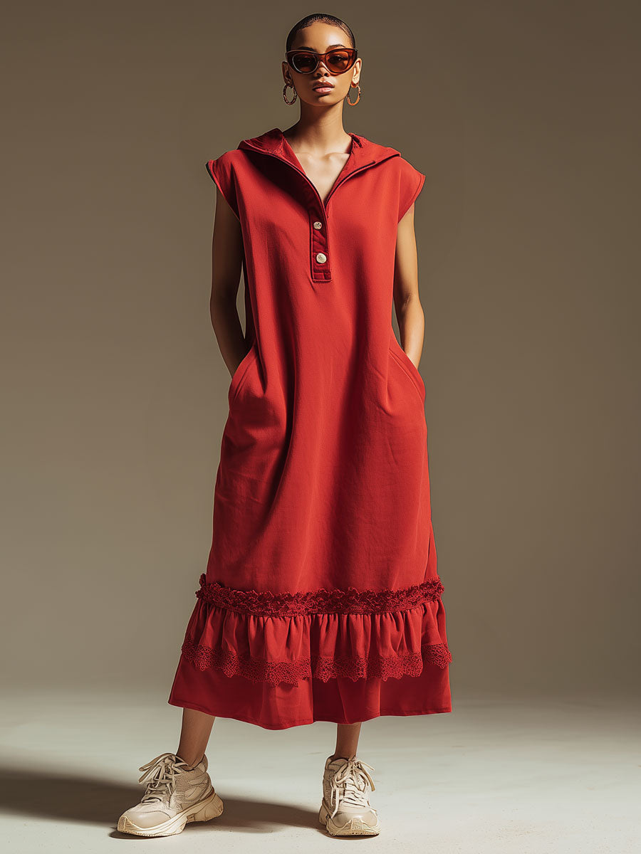 Sporty Retro Lace Ruffled Red Cotton Sleeveless Hooded Midi Dress