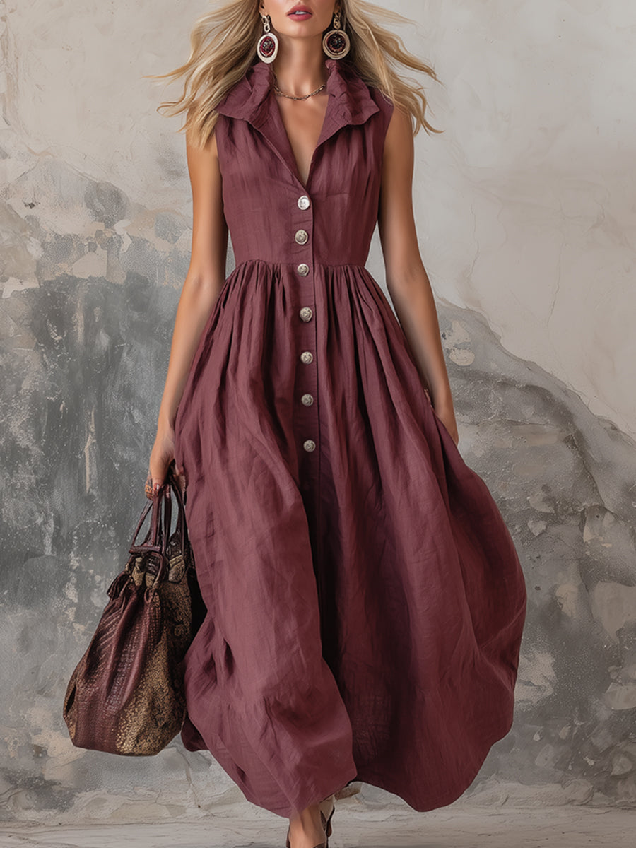 Elegant Zinfandel-colored Cotton And Linen Sleeveless Maxi Dress