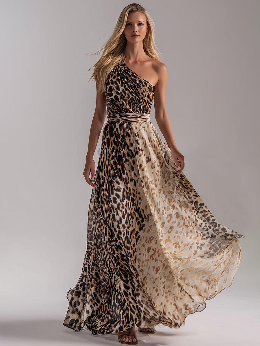Luxury Resort-style Leopard Print Gradient Chiffon Off-shoulder Sleeveless Maxi Dress