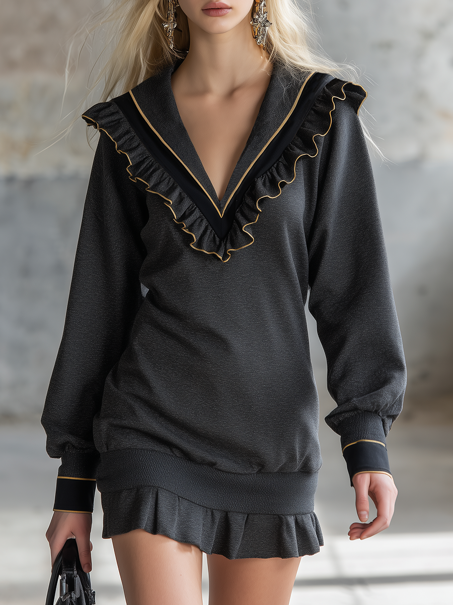 Retro Sporty V-neck Ruffle Mini Sweatshirt Dress