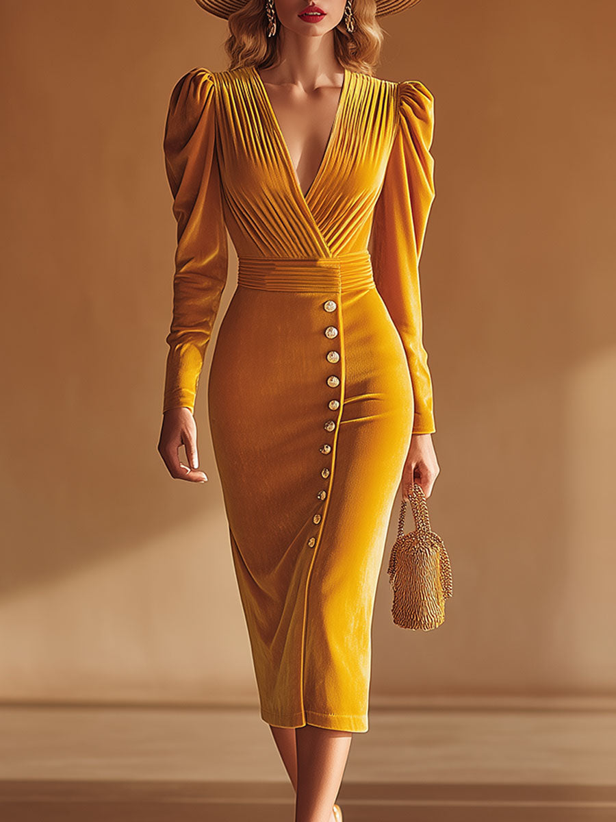 Elegant Retro Yellow V-neck Velvet Midi Dress