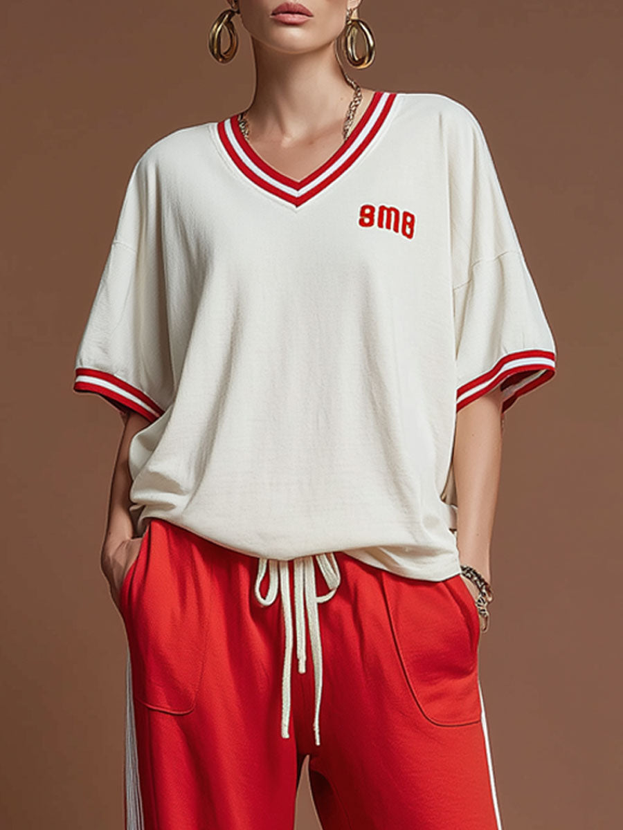 Sporty Retro Red Pure Cotton Embroidered Short-Sleeve T-Shirt And Wide-Leg Pants Set
