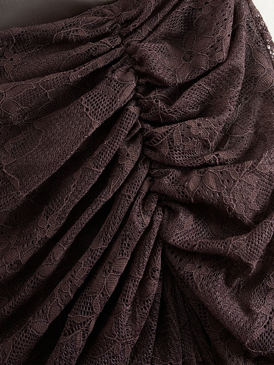 Retro High-end Brown-red Imitation Leather Stitching Lace Long-sleeved Maxi Dress